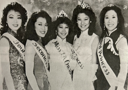 An old photo of a Miss Los Angeles Chinatown winner wearing a crown and sash.